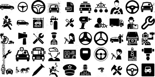 Massive Collection Of Driver Icons Set Flat Vector Symbols Icon, Driving, Commercial, Wheel Pictograms Isolated On Transparent Background