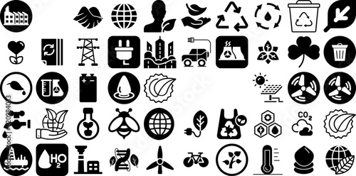 Massive Collection Of Environment Icons Set Hand-Drawn Solid Drawing Signs Symbol  Trash  Plant  Icon Pictograms Isolated On White