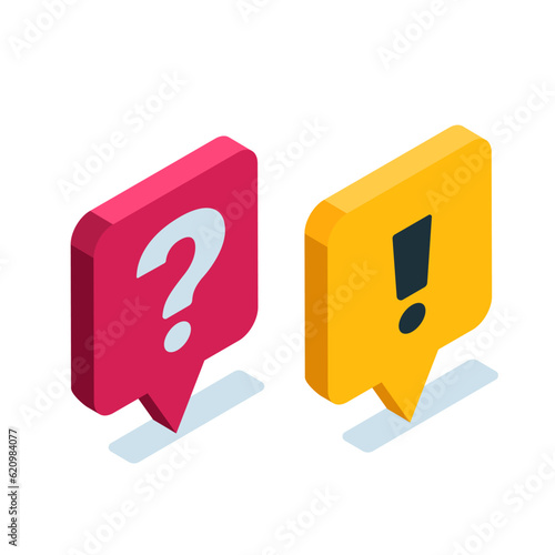 isometric text bubble icon in black on white background with exclamation icon and question, important message or alert