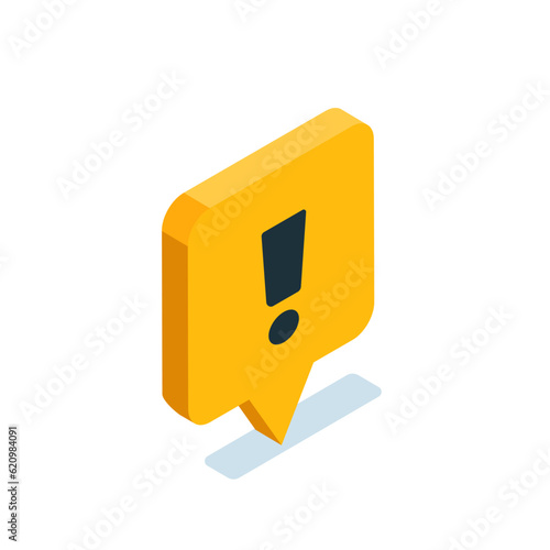 isometric text bubble icon in black on white background with exclamation icon, important message or alert