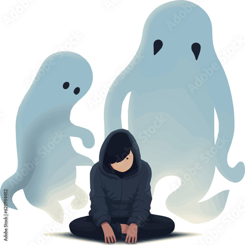  A Sadness Child have a Mental Illness Psychological Phenomena sitting with Lonely Ghost