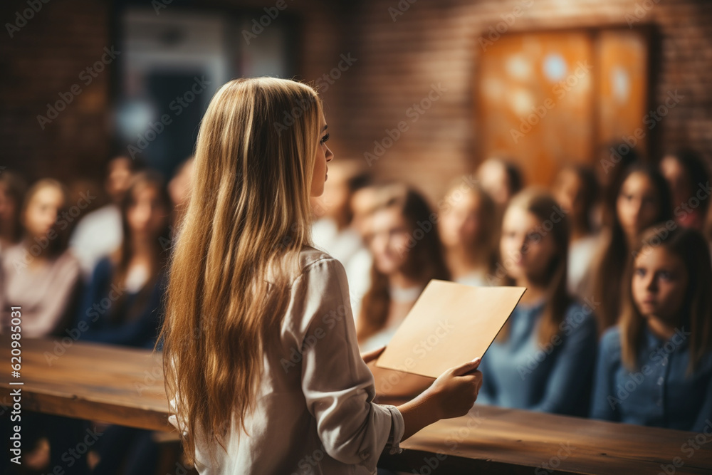 Close-up of a student giving a presentation in front of the class, School, Back to School Generative AI Close-up of a student giving a presentation in front of the class, School, Back to School Generative AI