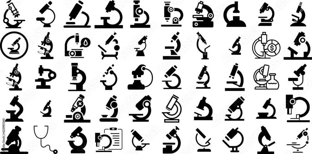 Mega Set Of Microscope Icons Set Hand-Drawn Solid Design Silhouettes Science, Explore, Procedure, Deoxyribonucleic Acid Elements Vector Illustration