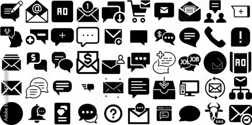 Huge Collection Of Message Icons Set Hand-Drawn Isolated Design Silhouette Icon, Toque, Post, Optimization Pictograms Isolated On White Background
