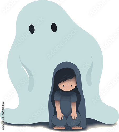  A Sadness Child have a Mental Illness Psychological Phenomena sitting with Lonely Ghost