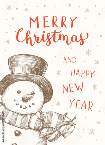 Christmas card with snowman and snowflakes. New year illustration.
