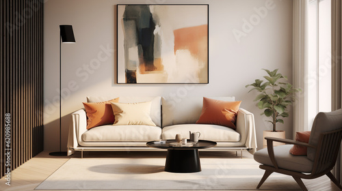 Stylish Living Room Interior with Mockup Frame Poster, Modern interior design, 3D render, 3D illustration