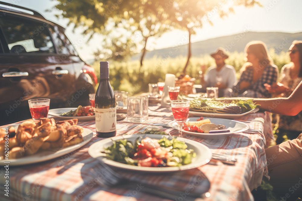 close up of picnic table and blured group of friends enjoying a road trip picnic by their parked cars, surrounded by beautiful nature and the open road ai generated art close up of picnic table and blured group of friends enjoying a road trip picnic by their parked cars, surrounded by beautiful nature and the open road ai generated art