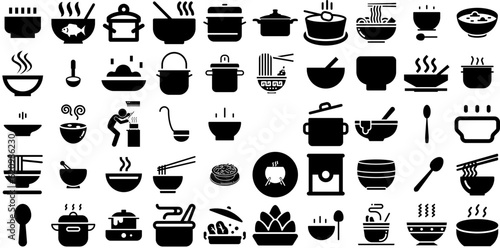 Massive Set Of Soup Icons Set Hand-Drawn Black Infographic Glyphs Symbol, Stew, Bowl, Icon Pictograph Isolated On Transparent Background