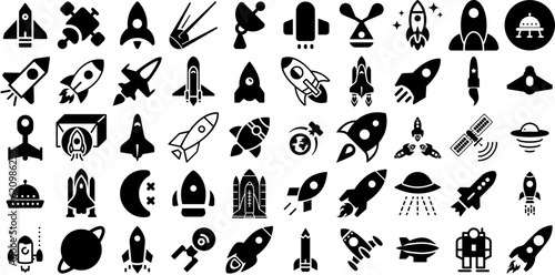 Big Collection Of Spaceship Icons Collection Flat Concept Symbol Future, Science, Planet, Transportation Graphic Vector Illustration