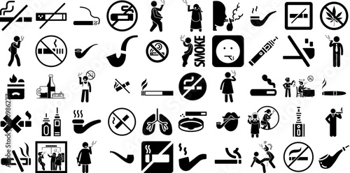 Big Set Of Smoking Icons Set Black Simple Pictograms Health, Corporation, Smoking, Icon Silhouettes Isolated On White Background