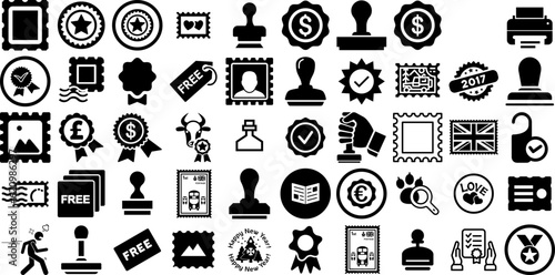 Big Collection Of Stamp Icons Set Hand-Drawn Linear Vector Pictograms Best, Lead Pencil, Icon, Border Pictogram Vector Illustration