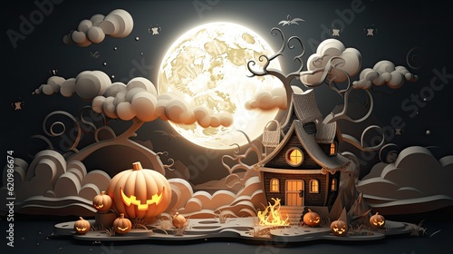 Spooky Halloween night scene with glowing full moon, a witchs cauldron, and eerie clouds. Perfect for Halloween posters and designs. Concept of Halloween and spooky atmosphere