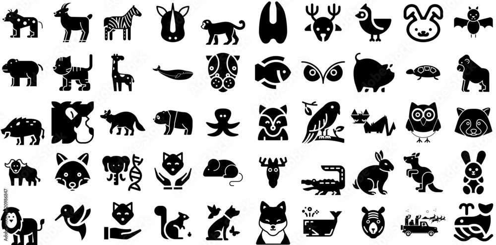Massive Set Of Wildlife Icons Bundle Black Drawing Pictograms Tortoise, Silhouette, Icon, Symbol Clip Art For Apps And Websites