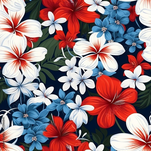 Seamless Tropical Flowers Pattern in White  Red and  Blue