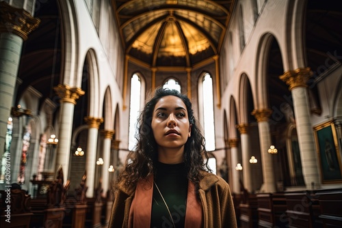 Portrait of a beautiful young woman with curly hair in a brown coat standing in a church. Catolicism, christianity. Generative AI. photo