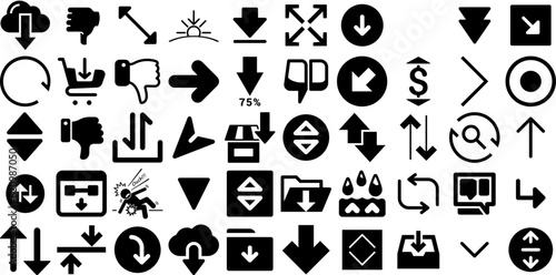 Huge Set Of Down Icons Bundle Hand-Drawn Solid Design Web Icon Symbol, Go, Circle, Icon Doodles Vector Illustration