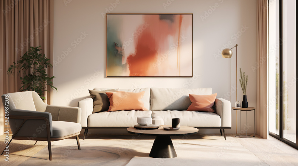 Fototapeta premium Stylish Living Room Interior with Mockup Frame Poster, Modern interior design, 3D render, 3D illustration