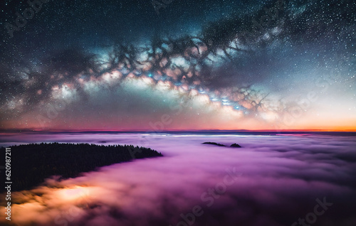 Aerial view Milky Way over the mountains in the fog at night. Generative AI. © Anton Dios