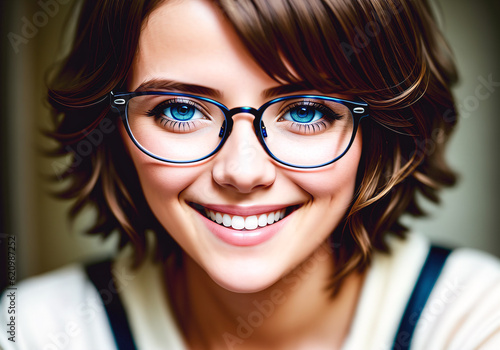 Portrait of a beautiful young woman wearing eyeglasses and smiling. Generative AI.