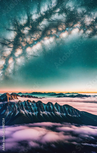 Aerial view Milky Way over the mountains in the fog at night. Generative AI.