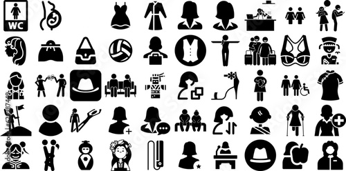 Big Set Of Woman Icons Collection Solid Vector Glyphs People, Figure, Silhouette, Workwear Pictogram Isolated On Transparent Background