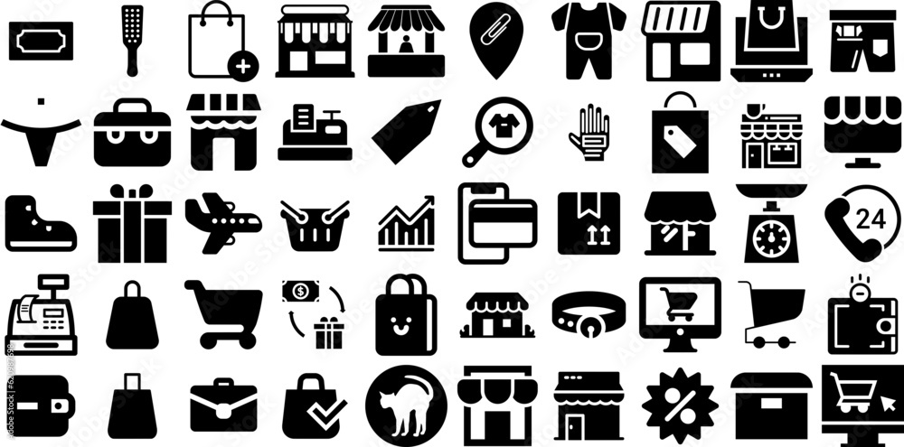 Big Set Of Shop Icons Bundle Flat Vector Symbol Tool, Open, Health, Icon Pictogram Isolated On White Background