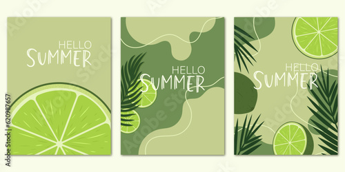 Summer banners set with leaves and lime slices. The  Set is great for cards  brochures  flyers  and advertising poster templates. Vector illustration.