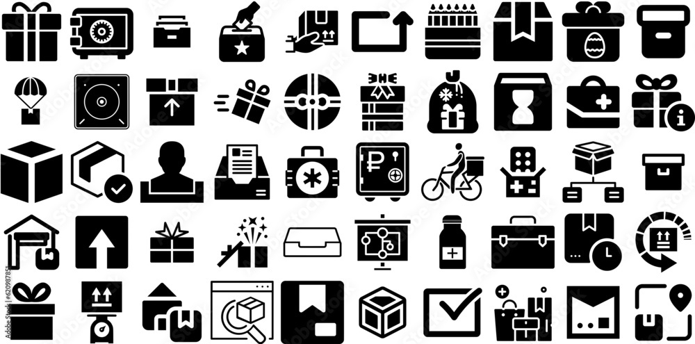 Massive Set Of Box Icons Pack Solid Cartoon Glyphs Three-Dimensional, Tool, Checkbox, Carousel Element Isolated On Transparent Background