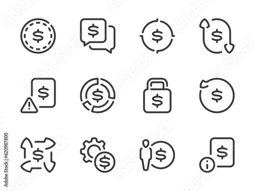 Money, Dollar and Finance vector line icons. Business and Financial advice outline icon set. Chart, Savings, Message, Lock, Money target, Statistical report and more.