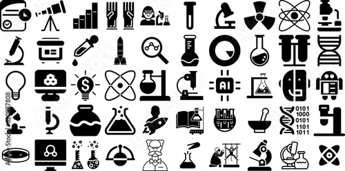 Massive Collection Of Science Icons Collection Hand-Drawn Isolated Modern Silhouette Symbol, Algorithm, Note, Icon Silhouettes Isolated On White Background