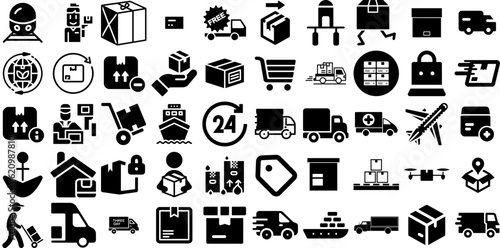Huge Collection Of Shipping Icons Pack Solid Concept Elements Distribution, Coin, Icon, Infographic Pictogram Isolated On Transparent Background