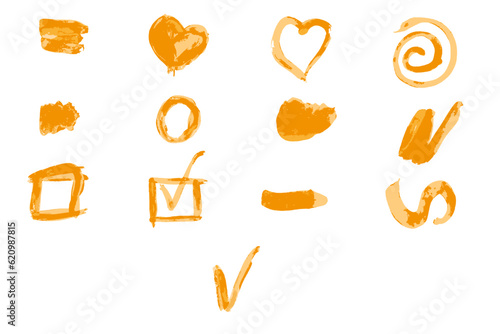Set of Watercolor elements, blots and brushes. Hand drawn heart, line, check mark, circle and square with Watercolor paints. Apricot crush grunge texture. Vector  illustration.