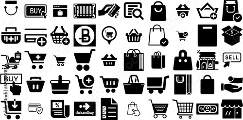 Massive Collection Of Buy Icons Set Hand-Drawn Black Cartoon Symbols Finance, Purchase, Climate, Icon Doodles For Computer And Mobile