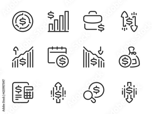Money, Dollar and Finance vector line icons. Trading market and Financial analytics outline icon set. Stock portfolio, Trading schedule, Market profit, Investment search, Stock sales and more.