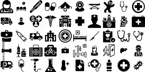 Massive Collection Of Hospital Icons Collection Flat Modern Web Icon Patient, Icon, Symbol, Health Pictograph Isolated On White Background