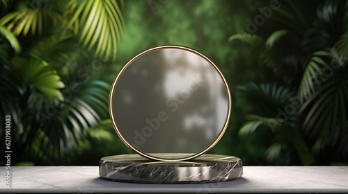 3D realistic, white products podium background with leaf and arch backdrop. Marble podium.