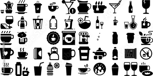 Big Set Of Drink Icons Pack Hand-Drawn Linear Modern Silhouettes Infographic, Milk, Sweet, Set Doodles For Apps And Websites