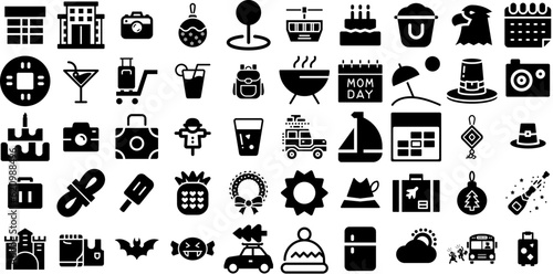 Mega Set Of Holiday Icons Set Isolated Design Clip Art Icon, Holiday Maker, Apple, Symbol Pictograms For Computer And Mobile