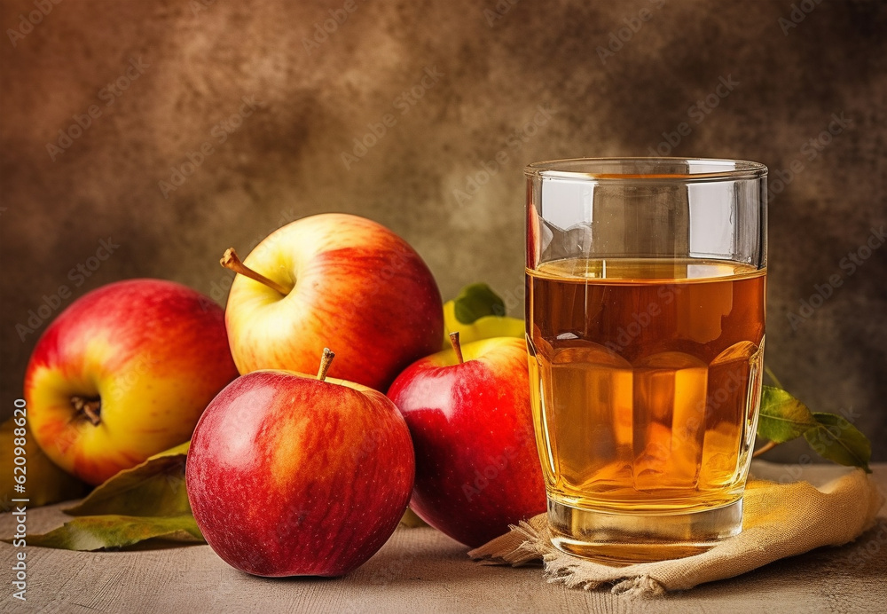 Apple juice in a glass and apples on light rustic background. Still life with apple juice. Generative AI Apple juice in a glass and apples on light rustic background. Still life with apple juice. Generative AI