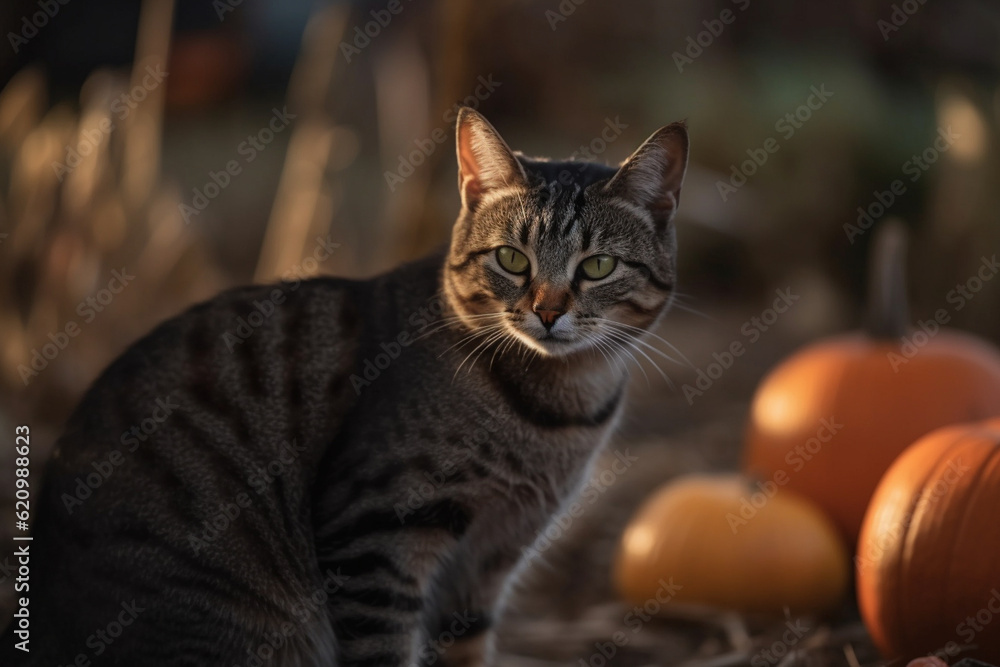 A cat sitting in a pumpkin patch with bokeh of pumpkins, cat, bokeh Generative AI