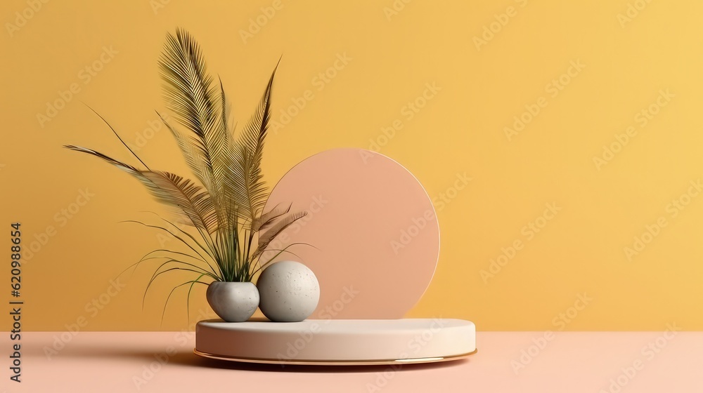 realistic round product pedestal podium 3D background with arch scene and green leaf. Minimal wall scene realistic round product pedestal podium 3D background with arch scene and green leaf. Minimal wall scene