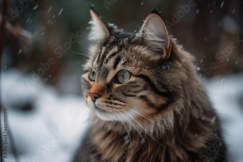 A cat exploring a snowy landscape with bokeh of snowflakes, cat, bokeh Generative AI