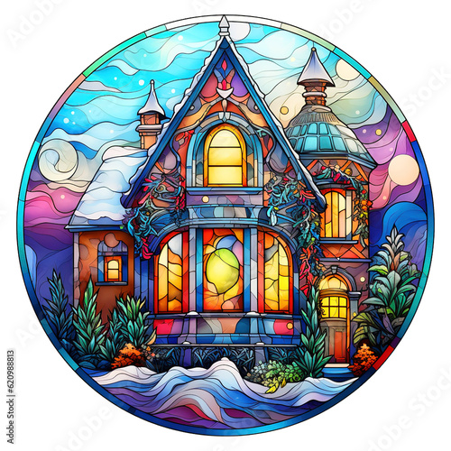 Stained glass Christmas scene  Colorful Christmas Round Stained Glass Clipart PNG Sublimation Files isolated on Transparent Background.