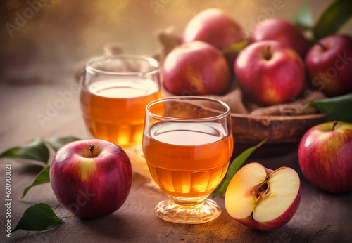 Apple juice in a glass and apples on light rustic background. Still life with apple juice. Generative AI