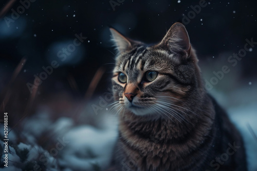A cat exploring a snowy landscape with bokeh of snowflakes, cat, bokeh Generative AI
