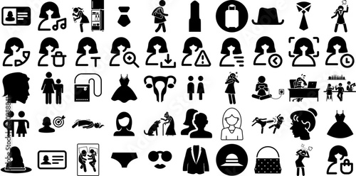 Big Collection Of Woman Icons Set Hand-Drawn Solid Concept Glyphs Figure  Silhouette  Workwear  People Logotype Isolated On Transparent Background