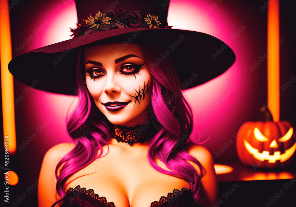 A beautiful girl at a party in a nightclub in honor of Halloween. A woman at a costume party. Generative AI A beautiful girl at a party in a nightclub in honor of Halloween. A woman at a costume party. Generative AI