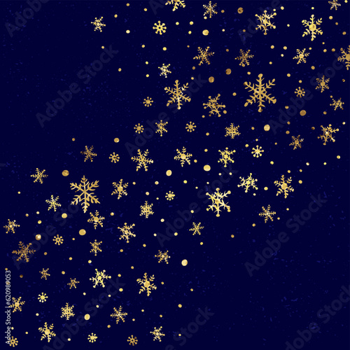 Vector winter background with hand drawn golden snow and snowflakes.