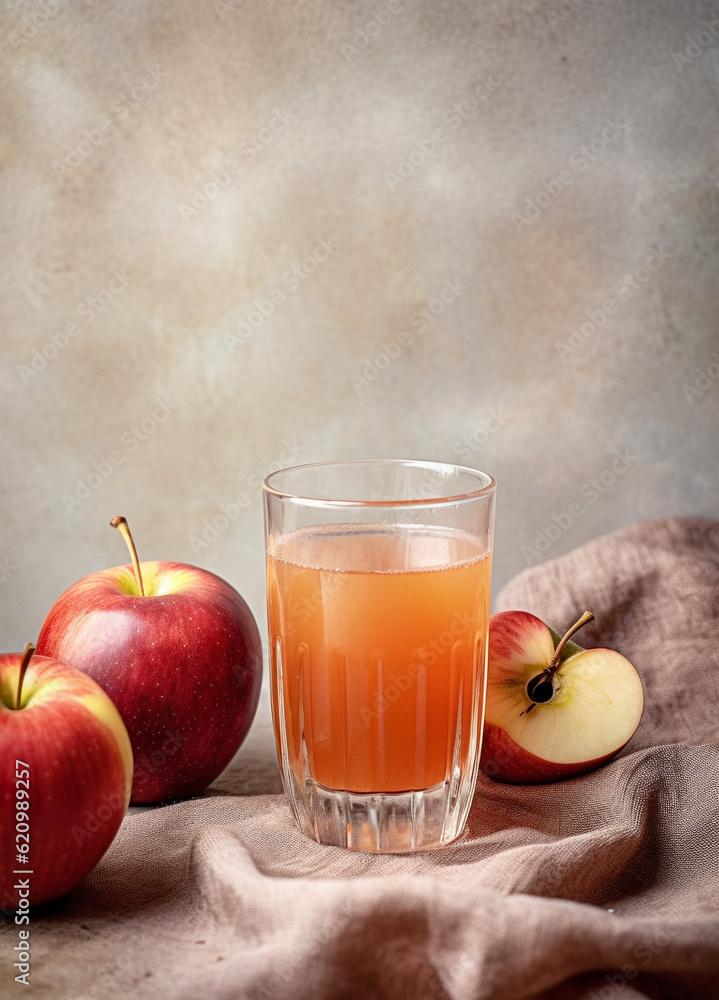 Fototapeta premium Apple juice in a glass and apples on light rustic background. Still life with apple juice. Generative AI